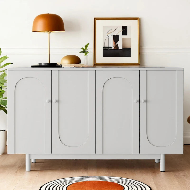 Modern 4 Door Intaglio Storage Cabinet with Adjustable Shelf, Pine Legs, Buffet Sideboard