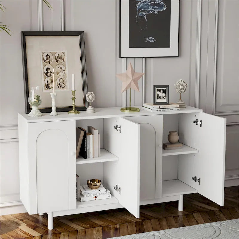 Modern 4 Door Intaglio Storage Cabinet with Adjustable Shelf, Pine Legs, Buffet Sideboard