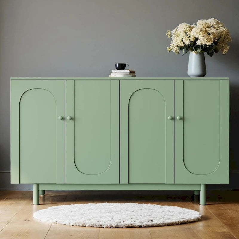 Modern 4 Door Intaglio Storage Cabinet with Adjustable Shelf, Pine Legs, Buffet Sideboard