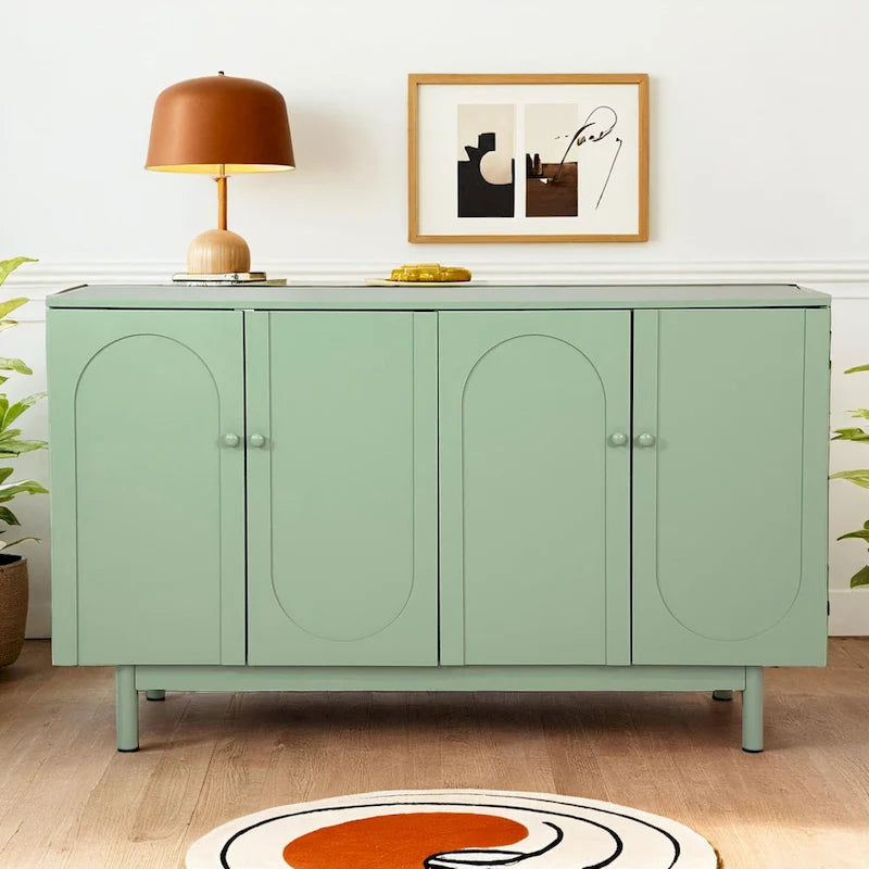 Modern 4 Door Intaglio Storage Cabinet with Adjustable Shelf, Pine Legs, Buffet Sideboard
