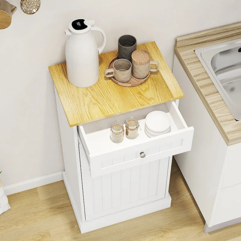 White Tilt-Out Trash Cabinet with Drawer, Kitchen Storage Cabinet