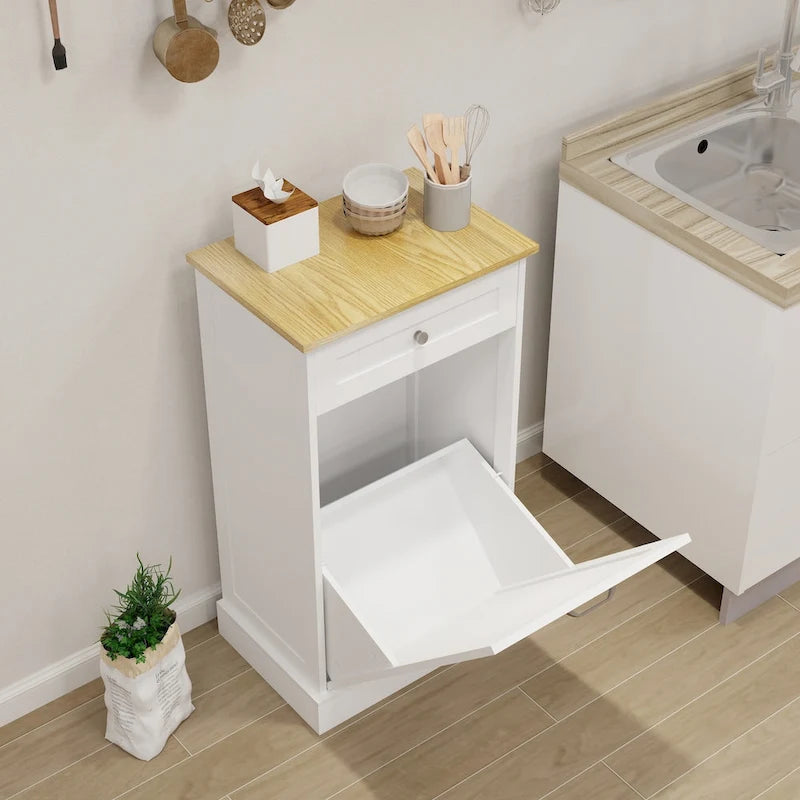 White Tilt-Out Trash Cabinet with Drawer, Kitchen Storage Cabinet