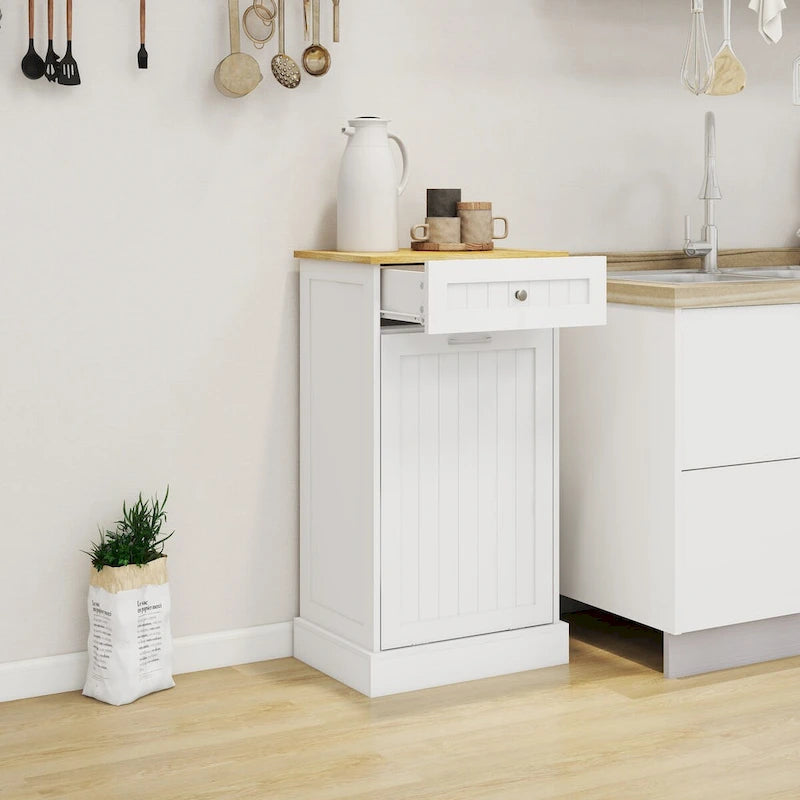 White Tilt-Out Trash Cabinet with Drawer, Kitchen Storage Cabinet