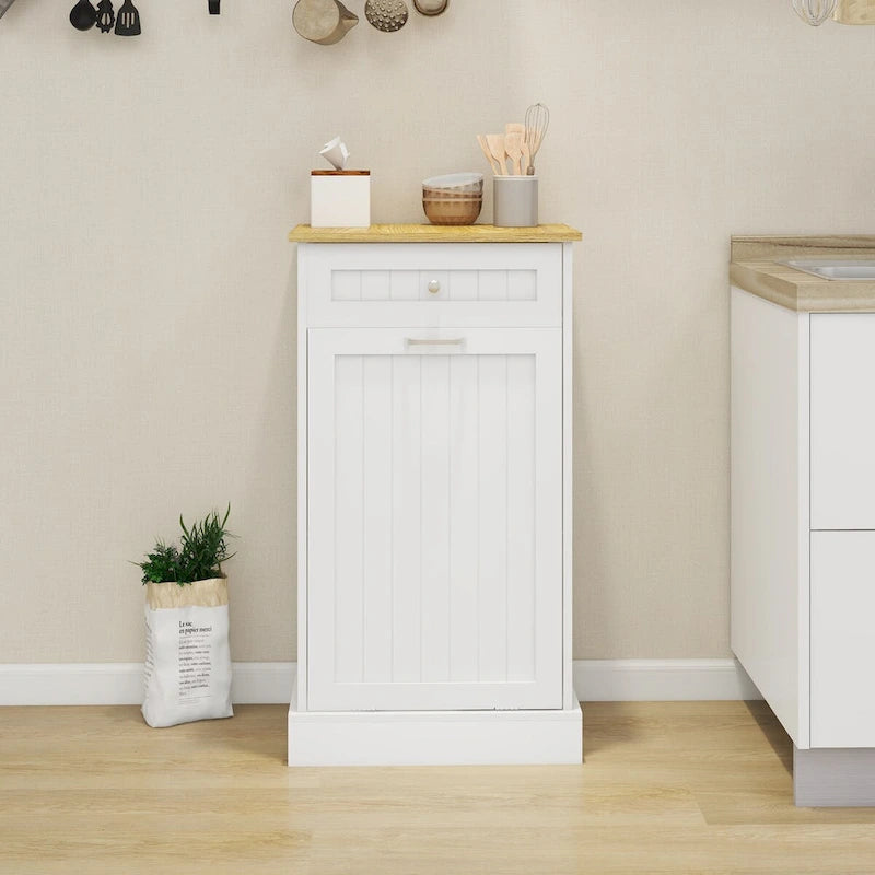 White Tilt-Out Trash Cabinet with Drawer, Kitchen Storage Cabinet