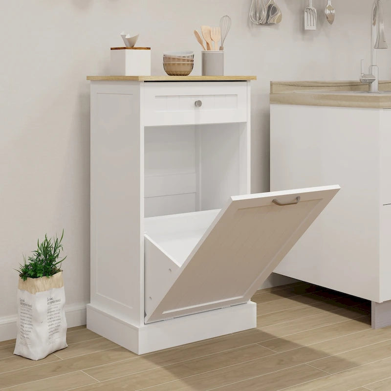 White Tilt-Out Trash Cabinet with Drawer, Kitchen Storage Cabinet