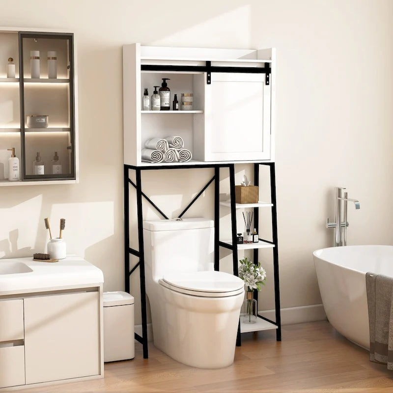 Mobile contenitore da bagno sopra il WC con porta scorrevole stile fienile e ripiani