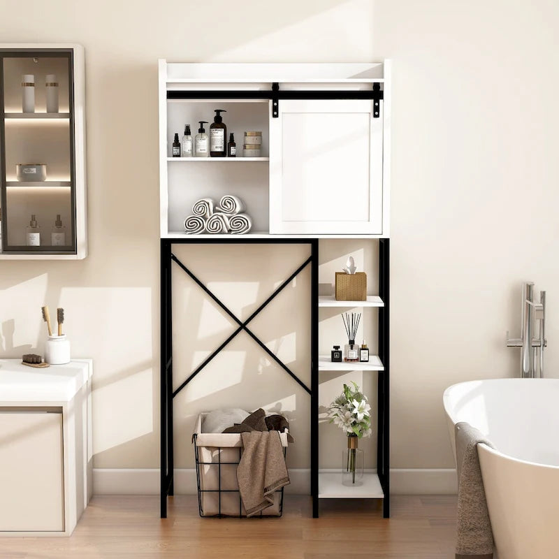 Bathroom Over-the-Toilet Storage Cabinet with Sliding Barn Door and Shelves