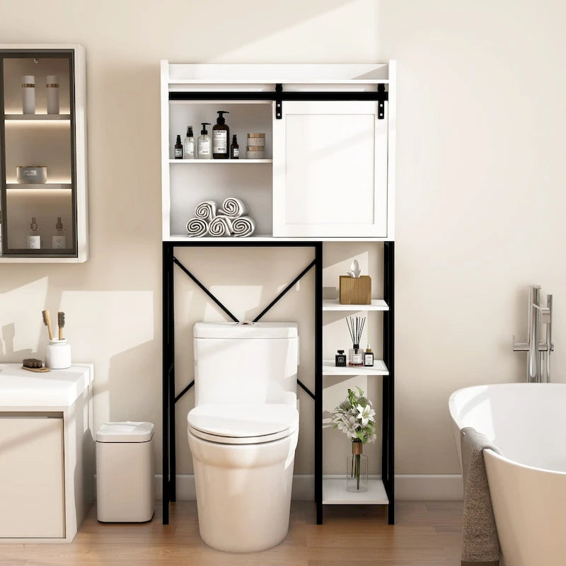 Mobile contenitore da bagno sopra il WC con porta scorrevole stile fienile e ripiani
