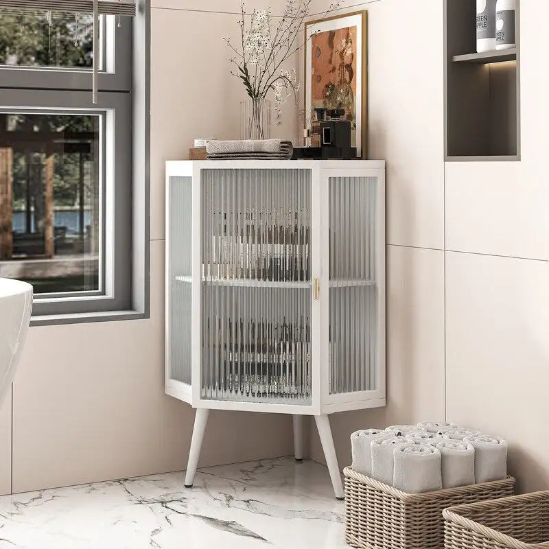 Modern Bathroom Corner Storage Cabinet with Glass Doors
