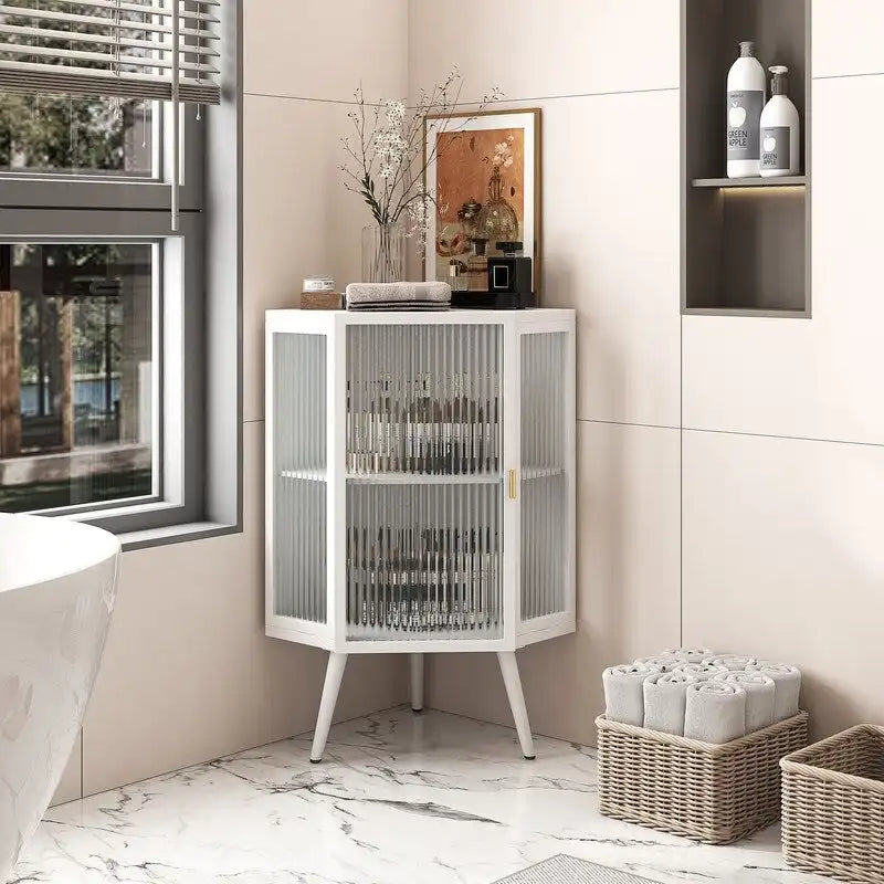 Modern Bathroom Corner Storage Cabinet with Glass Doors