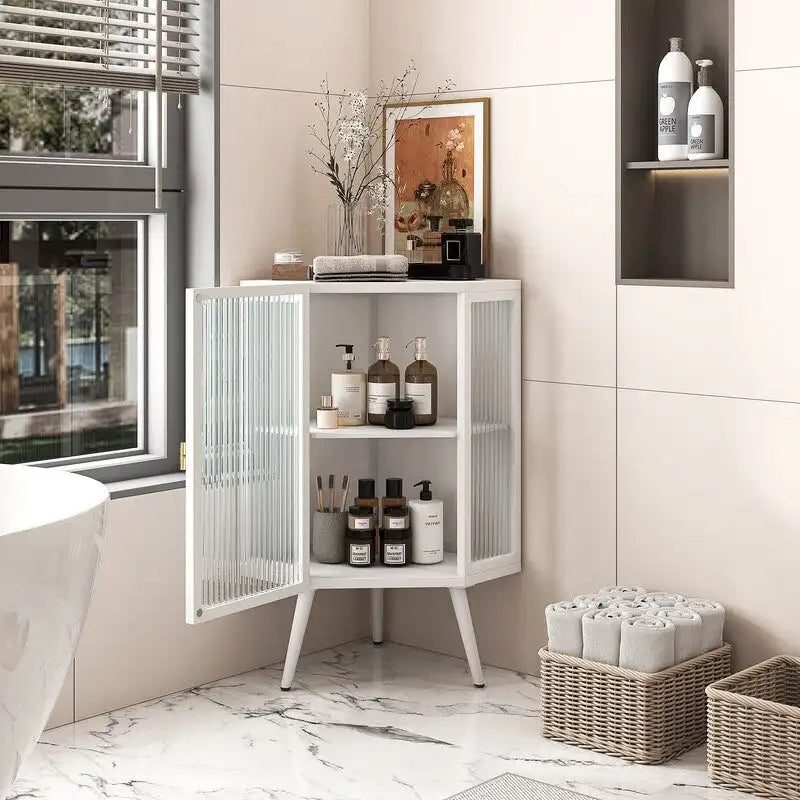 Modern Bathroom Corner Storage Cabinet with Glass Doors