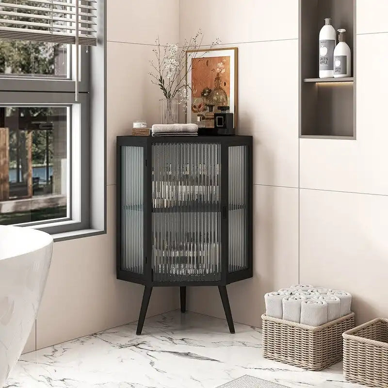 Modern Bathroom Corner Storage Cabinet with Glass Doors