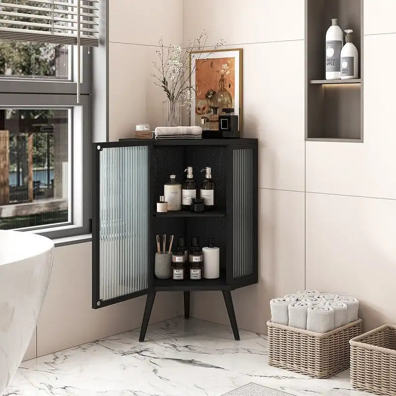 Modern Bathroom Corner Storage Cabinet with Glass Doors