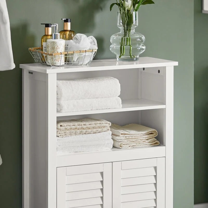 White Floor Standing Bathroom Storage Cabinet with Adjustable Shelf and 2 Open Shelves