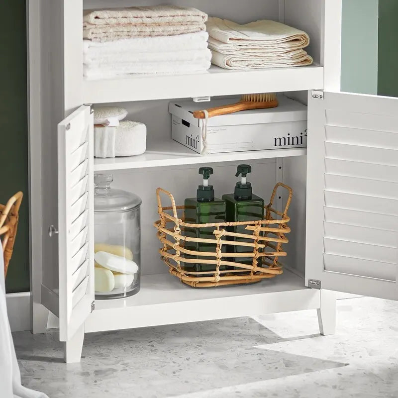 White Floor Standing Bathroom Storage Cabinet with Adjustable Shelf and 2 Open Shelves