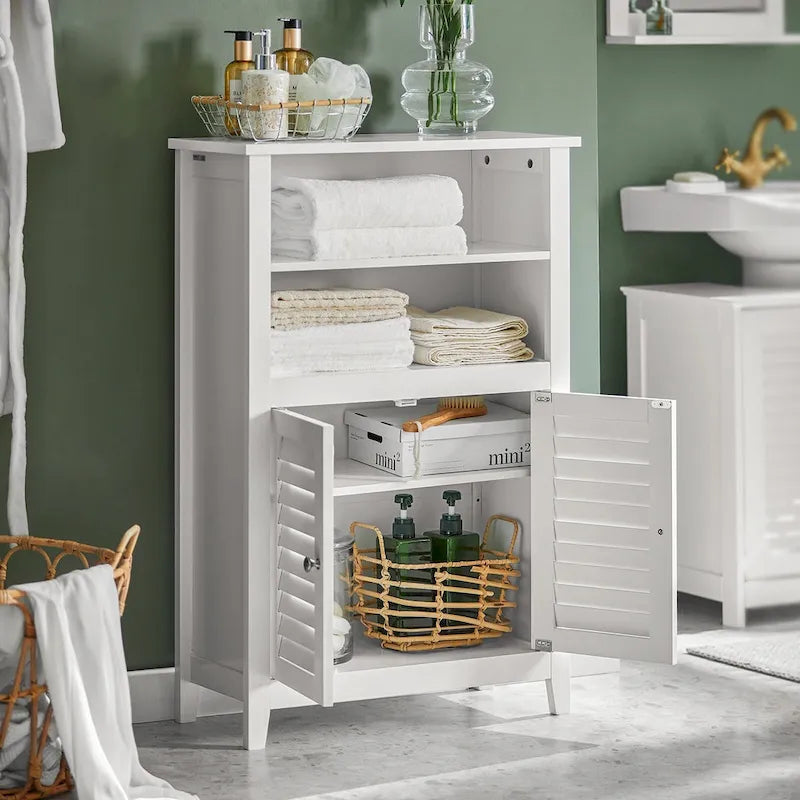 White Floor Standing Bathroom Storage Cabinet with Adjustable Shelf and 2 Open Shelves
