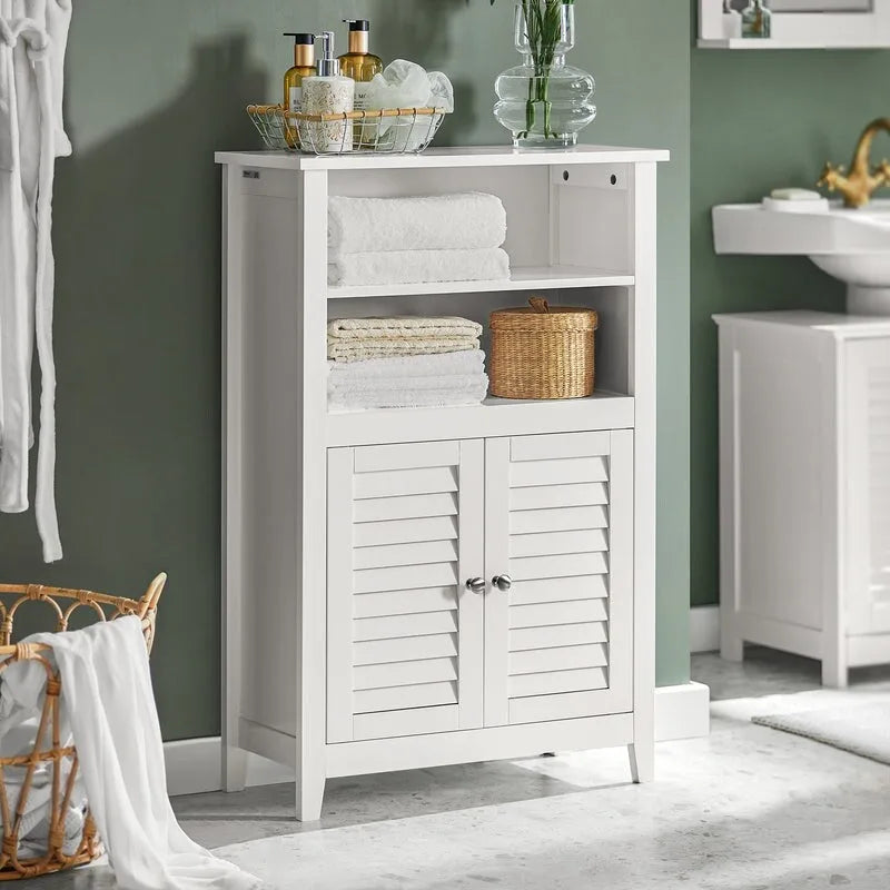 White Floor Standing Bathroom Storage Cabinet with Adjustable Shelf and 2 Open Shelves