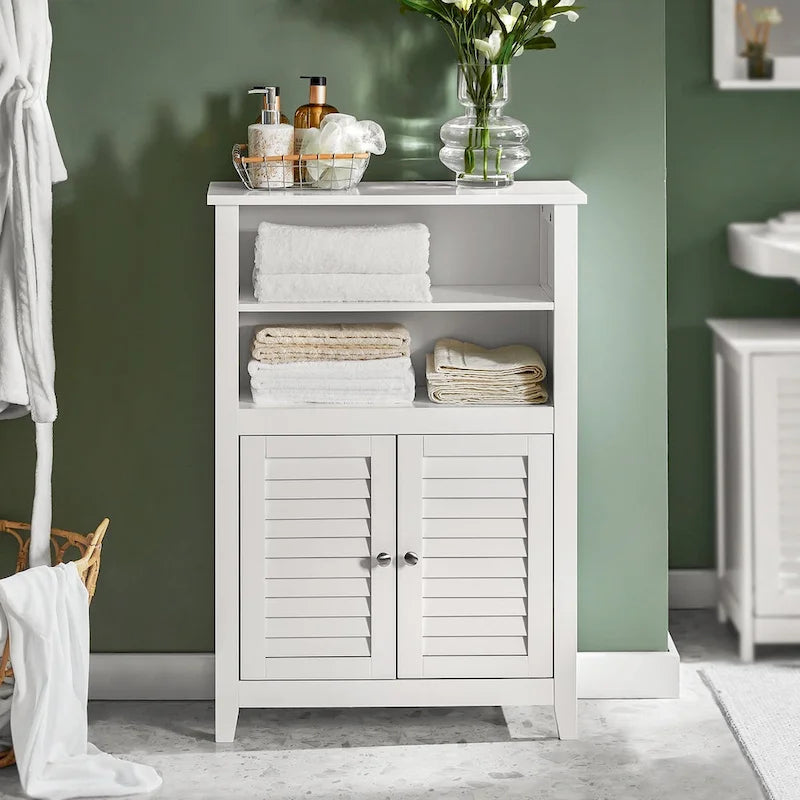 White Floor Standing Bathroom Storage Cabinet with Adjustable Shelf and 2 Open Shelves