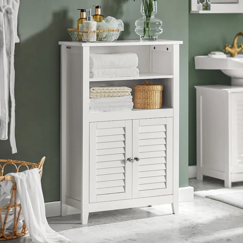 White Floor Standing Bathroom Storage Cabinet with Adjustable Shelf and 2 Open Shelves