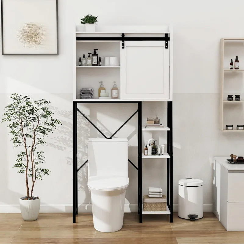 Mobiletto portaoggetti per bagno sopra il WC con anta scorrevole in stile fienile e ripiani regolabili
