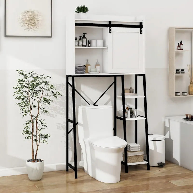 Mobiletto portaoggetti per bagno sopra il WC con anta scorrevole in stile fienile e ripiani regolabili