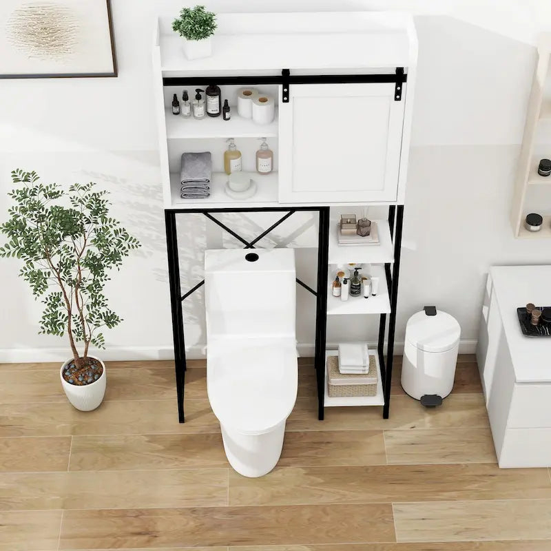 Over-The-Toilet Bathroom Storage Cabinet with Sliding Barn Door and Adjustable Shelves
