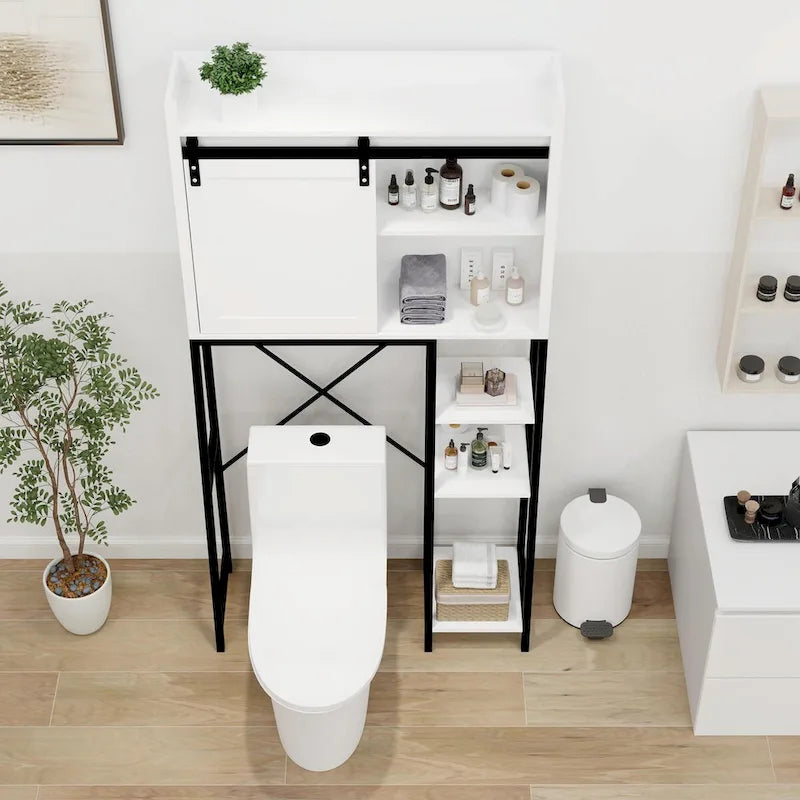 Mobiletto portaoggetti per bagno sopra il WC con anta scorrevole in stile fienile e ripiani regolabili