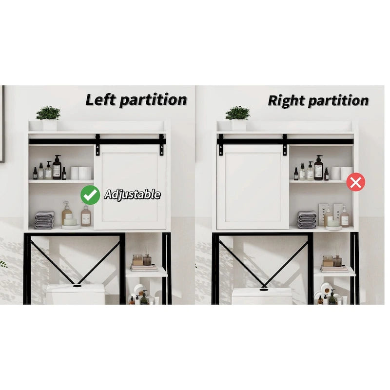 Mobiletto portaoggetti per bagno sopra il WC con anta scorrevole in stile fienile e ripiani regolabili