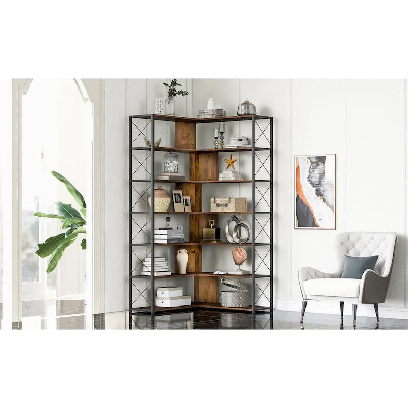 Bibliothèque d’angle en L à 7 niveaux, étagère de bureau à domicile avec cadre métallique