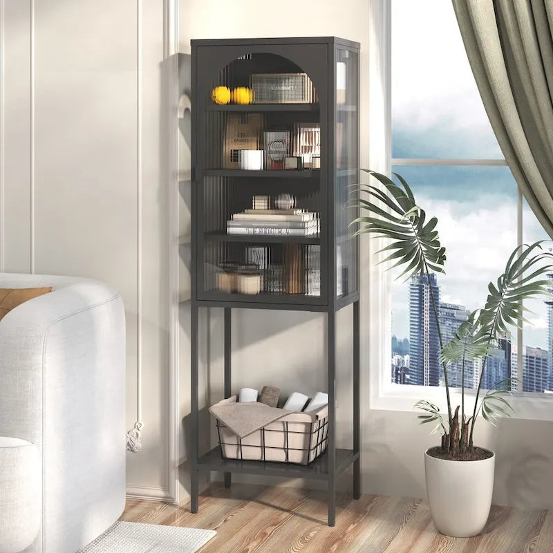 Metal Glass Door Display Storage Cabinet, 5-Tier Bookshelf with 3 Adjustable Shelves