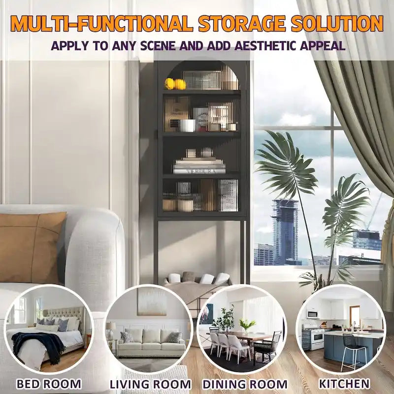 Metal Glass Door Display Storage Cabinet, 5-Tier Bookshelf with 3 Adjustable Shelves