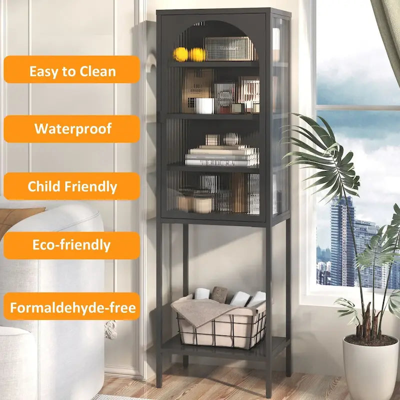 Metal Glass Door Display Storage Cabinet, 5-Tier Bookshelf with 3 Adjustable Shelves