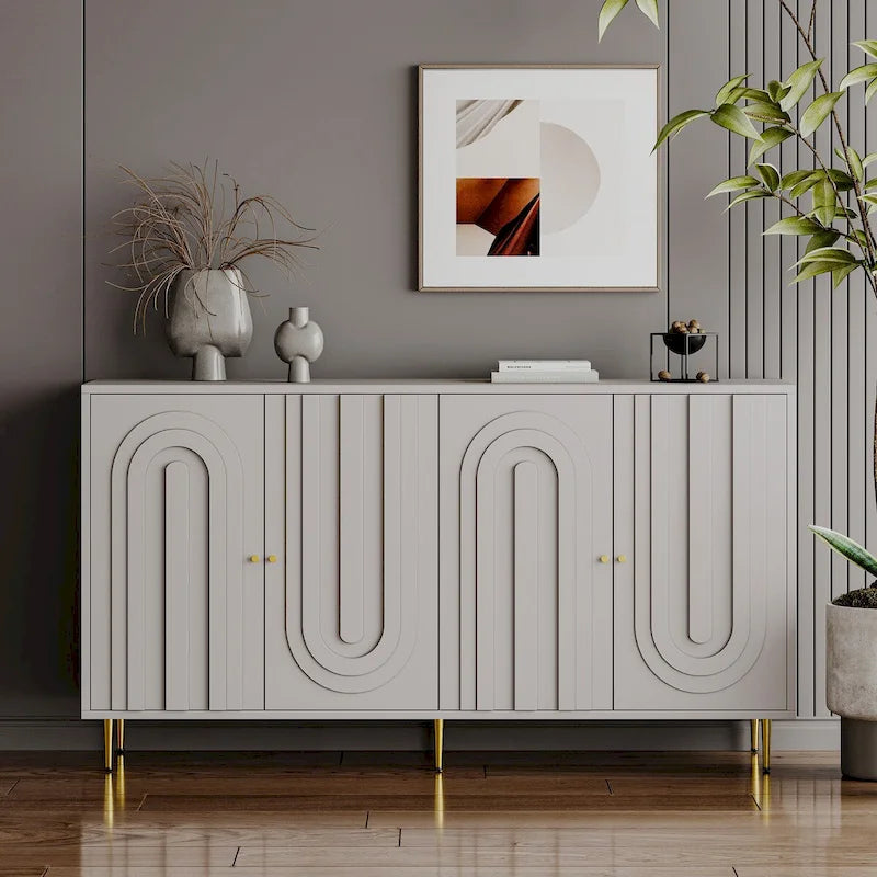 59.8W Matte Gray 4 Door Wooden Sideboard Buffet with Gold Handles