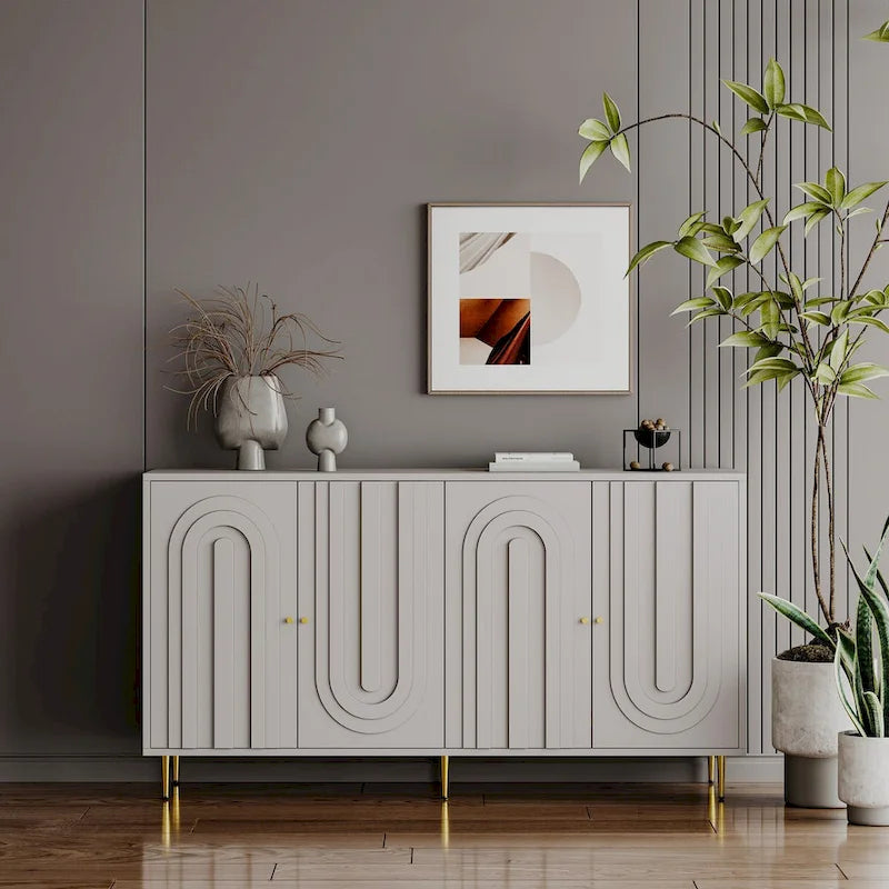 59.8W Matte Gray 4 Door Wooden Sideboard Buffet with Gold Handles