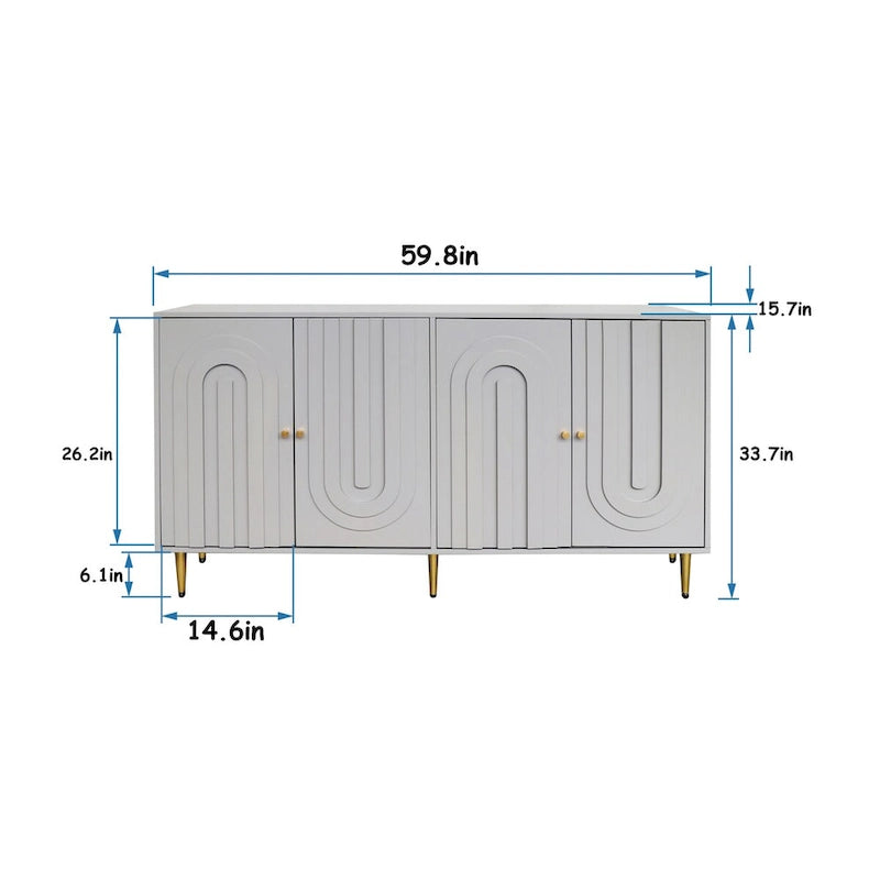59.8W Matte Gray 4 Door Wooden Sideboard Buffet with Gold Handles
