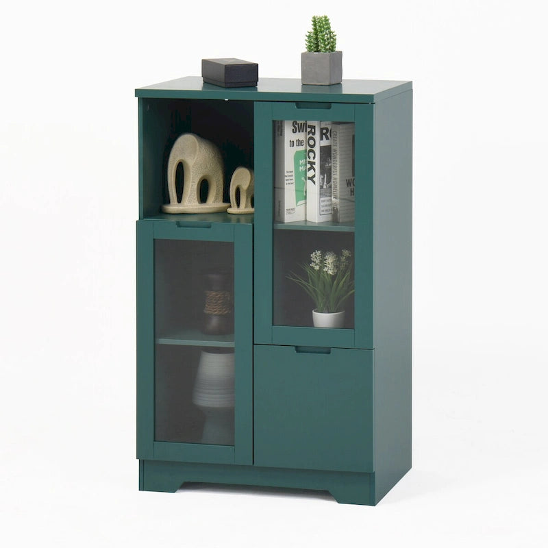 Wooden Floor Cabinet with 2 Glass Doors and Open Storage for Living Room or Bathroom