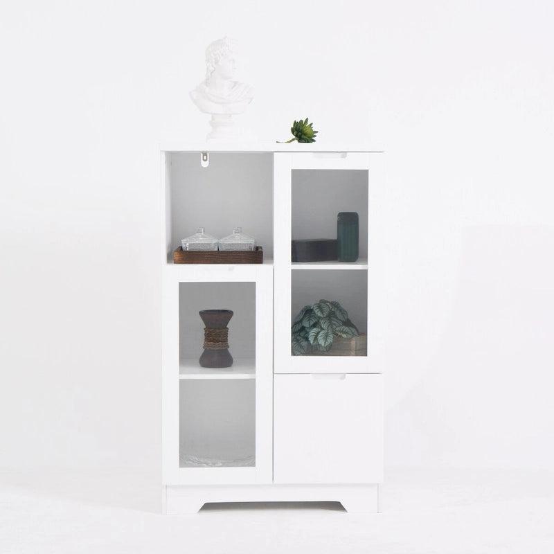 Wooden Floor Cabinet with 2 Glass Doors and Open Storage for Living Room or Bathroom