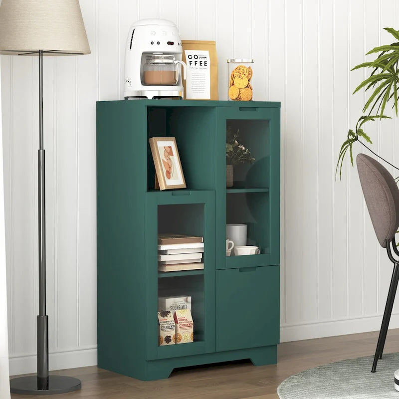 Wooden Floor Cabinet with 2 Glass Doors and Open Storage for Living Room or Bathroom