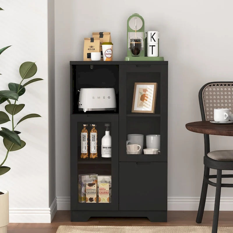 Wooden Floor Cabinet with 2 Glass Doors and Open Storage for Living Room or Bathroom