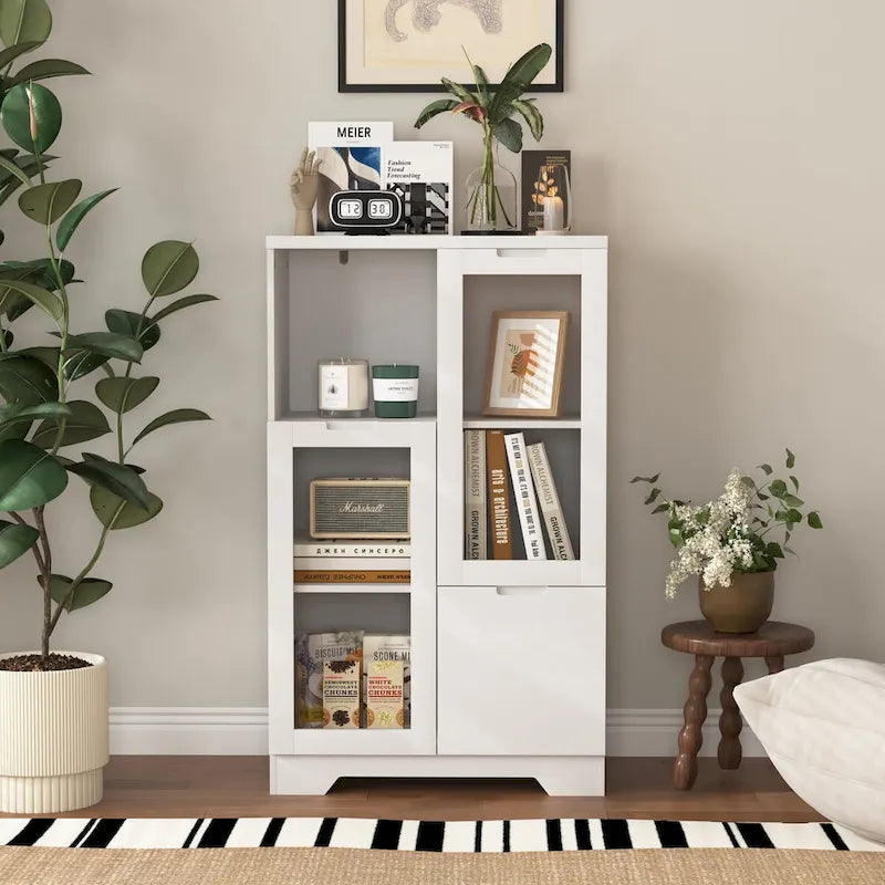 Wooden Floor Cabinet with 2 Glass Doors and Open Storage for Living Room or Bathroom