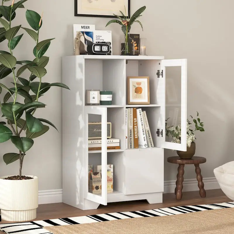 Mobile contenitore da pavimento in legno con 2 ante in vetro e vano aperto, per soggiorno o bagno