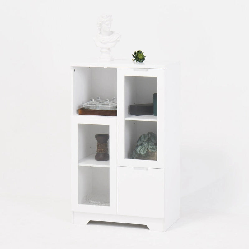 Mobile contenitore da pavimento in legno con 2 ante in vetro e vano aperto, per soggiorno o bagno