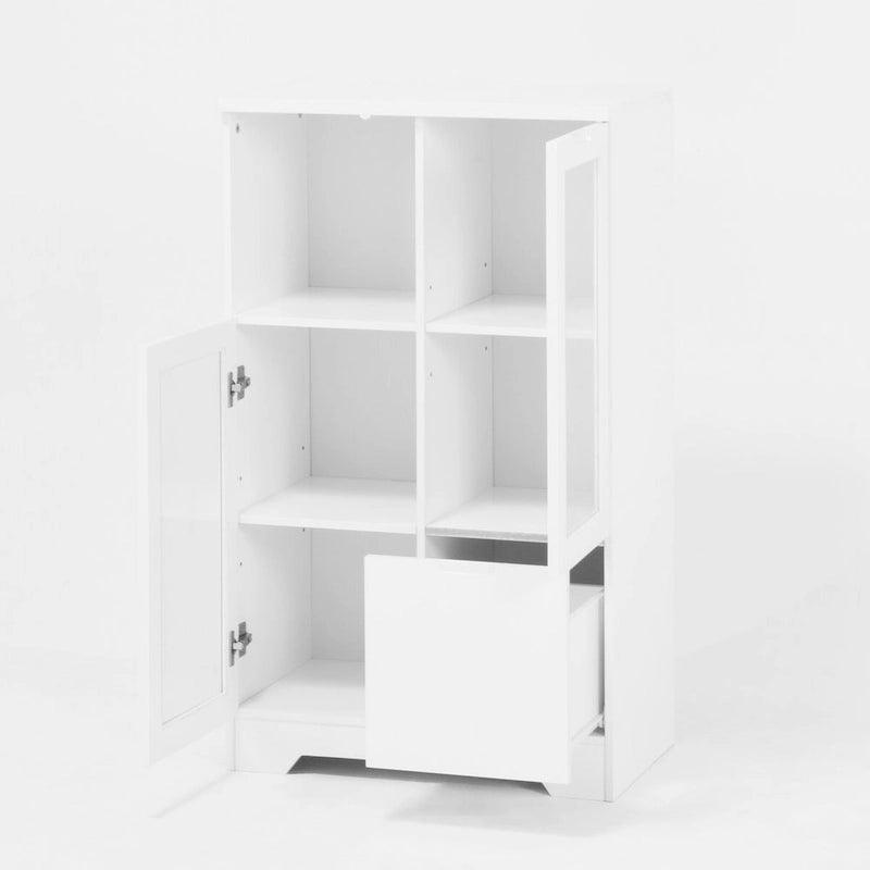 Mobile contenitore da pavimento in legno con 2 ante in vetro e vano aperto, per soggiorno o bagno
