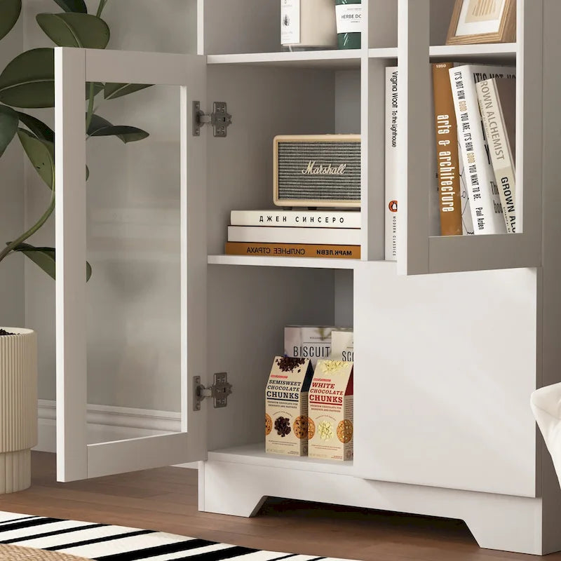 Mobile contenitore da pavimento in legno con 2 ante in vetro e vano aperto, per soggiorno o bagno